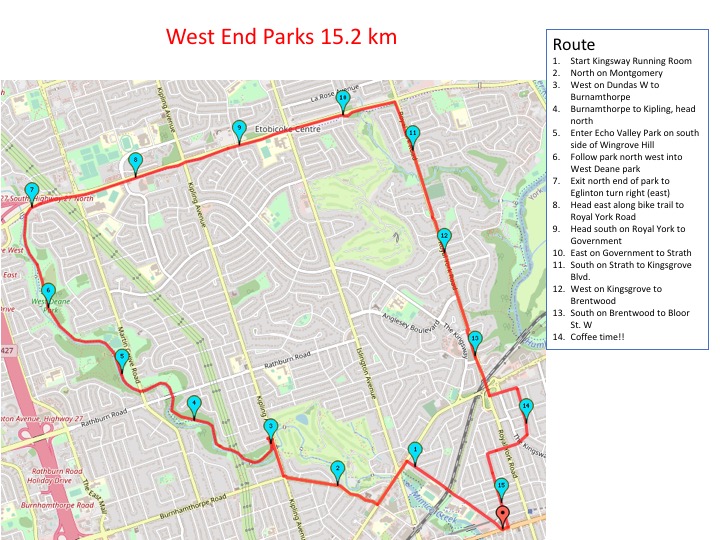 West End Parks 15.2 km route map